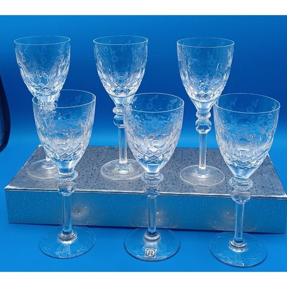 Rogaska Gallia Set Of 6 Floral Etched Cut Lead Crystal Wine Glasses 7" Tall - Picture 5 of 14